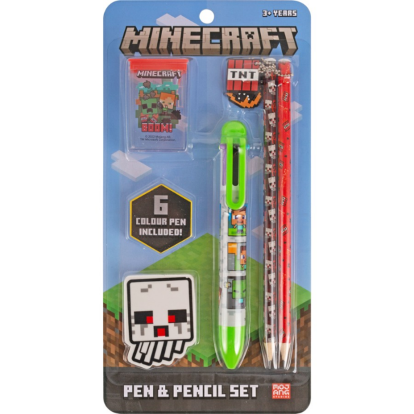 Licensed Minecraft Kids Stationary Set - 6 Coloured Pen & 2 Pencils, Eraser