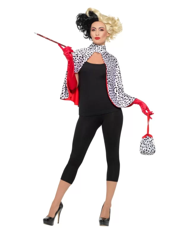 Deluxe Evil Madame Kit w Cape, Bag, Gloves, Cigarette Holder Halloween Women Fancy Dress