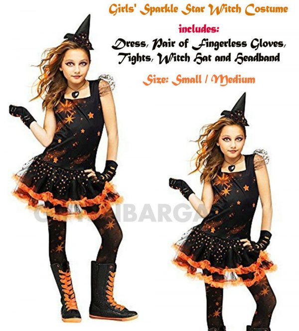 Girls Orange Black Sparkle Witch Halloween Tutu Costume S:S/M Hat, Gloves,Tights