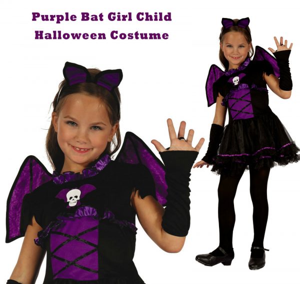 Bat Girl Costume Halloween Witch Vampire Purple Wings Dress Gloves Hband S/M/L