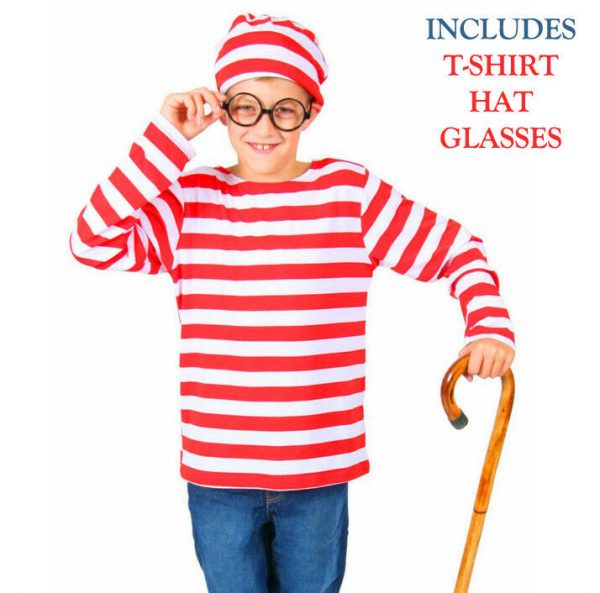 Where's Wally Waldo Children Boys Girls Costume Character Book Week Glasses Hat
