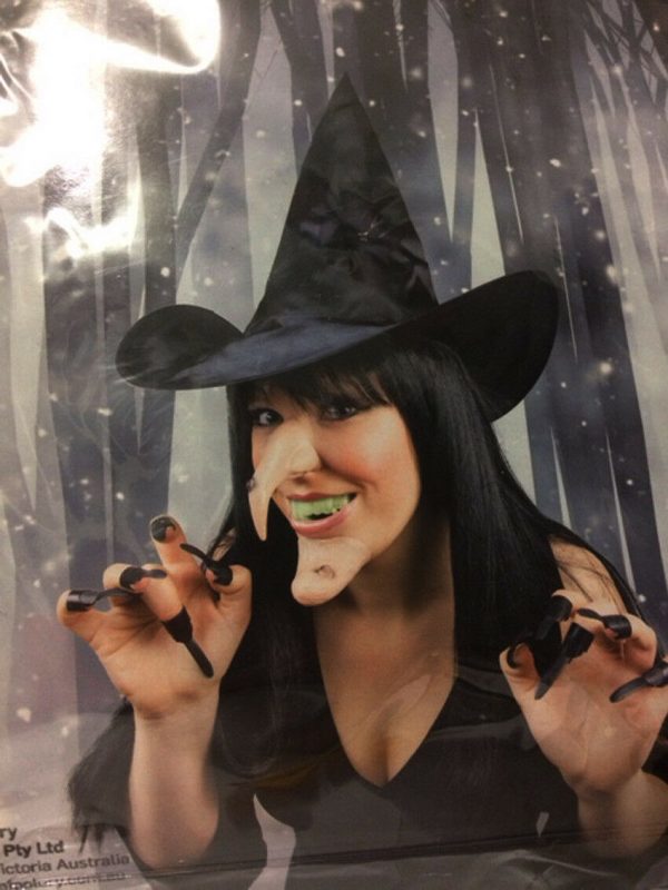 Witch Costume Accessory Set Black Hat Nose Pointy Chin Teeth Claws Halloween - Image 5