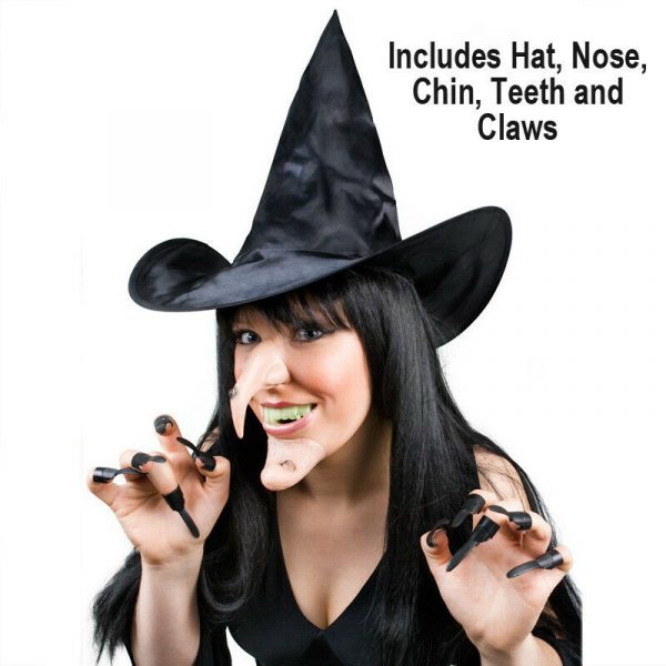 Witch Costume Accessory Set Black Hat Nose Pointy Chin Teeth Claws Halloween