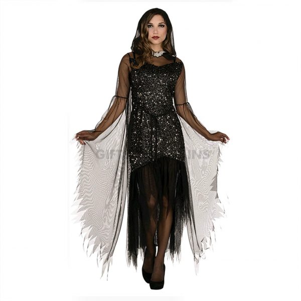 Witch Halloween Costume Evening Gown Adult Women Gothic Black Silver Dress Veil