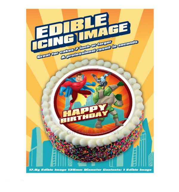 Happy Birthday Superhero Party Cake Topper Round Edible Image Icing Decoration - Image 3
