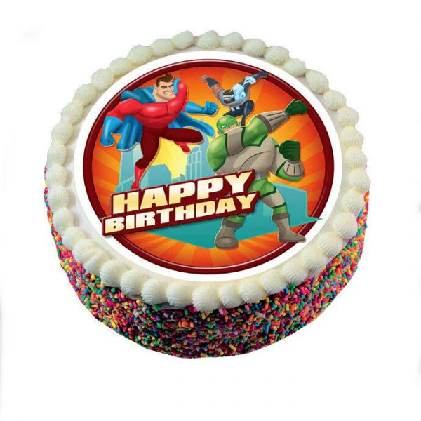Happy Birthday Superhero Party Cake Topper Round Edible Image Icing Decoration