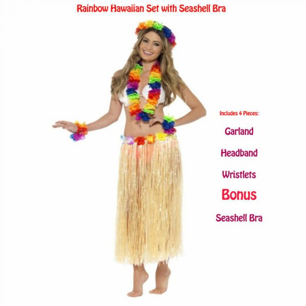 Hawaiian Party Supplies Set Lei Flower Garland Headband Wristlets Seashell bra - Image 3