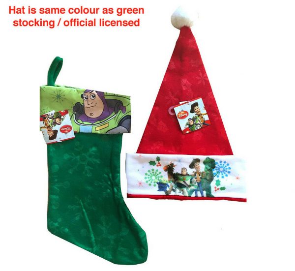 Toy Story Buzz and Woody Friends Christmas Stocking w Matching Santa Hat Green