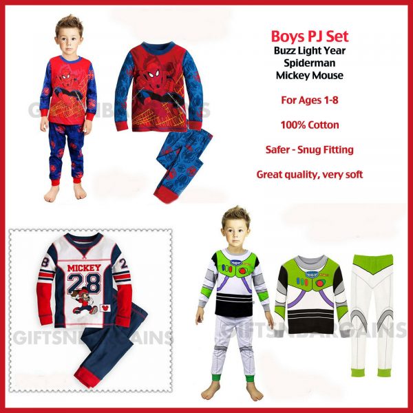 Boys Spider-man Mickey Mouse Toy Story Buzz Kids Pajamas PJ's,1-8Y 100% Cotton