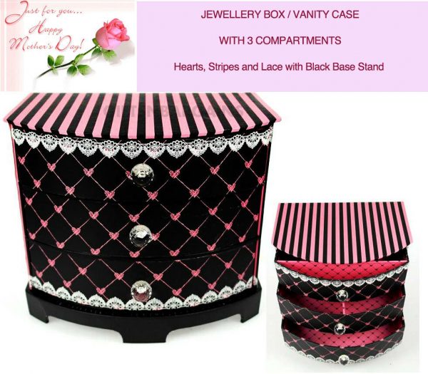 Mothers Gift Ladies Women Vanity Case Storage Drawer Cabinet BLACK Pink Hearts