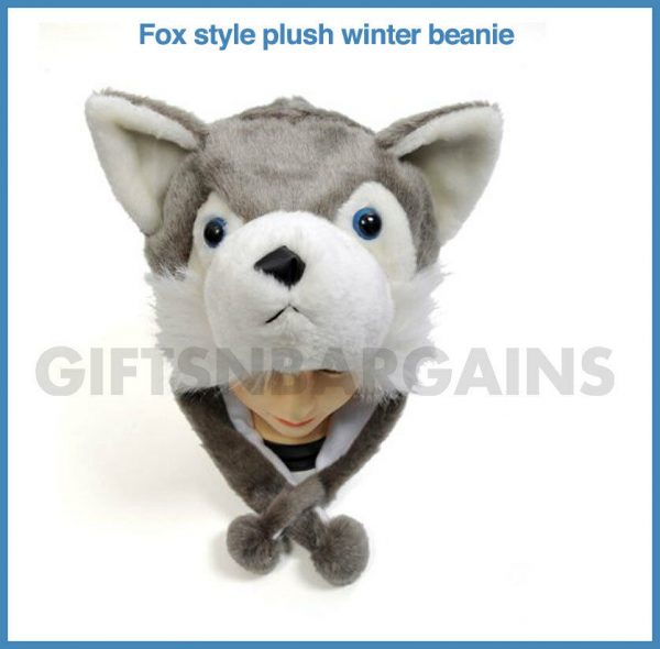 Adult Winter Beanie Hat Grey Fox Cap Plush Fleece Warm One Size Teenager