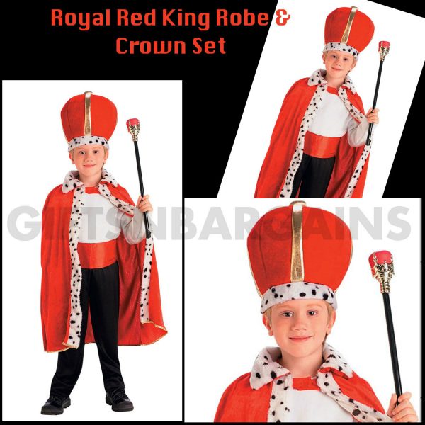 Boys Red Royal King Robe Costume Crown Cape Kids Book Week Medieval Renaissance