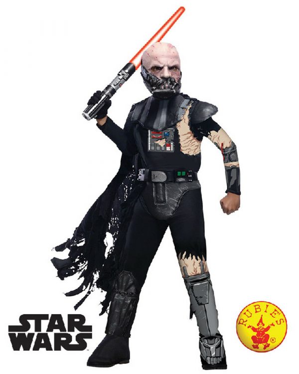 STAR WARS LICENSED BOYS DELUXE DARTH VADER BATTLE DAMAGE HALLOWEEN COSTUME CHILD