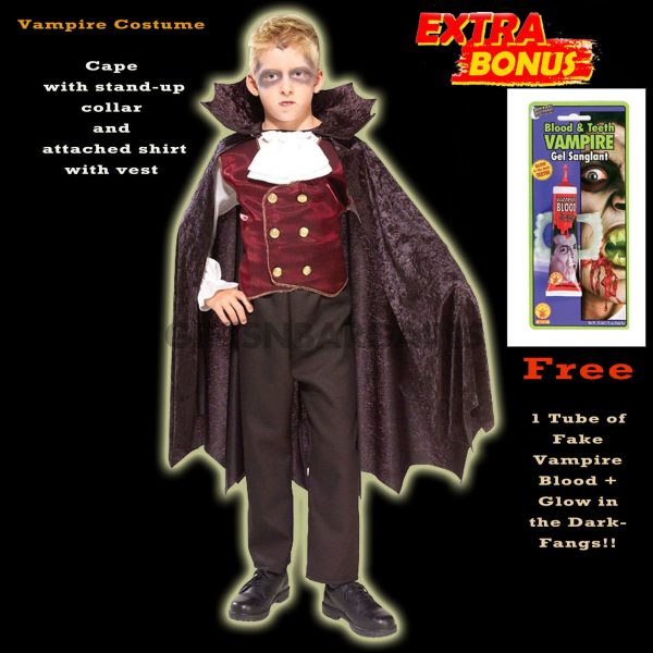 Boys Vampire Dracula Halloween Party Kids Child Costume S:Med FREE: Blood Tube - Image 3