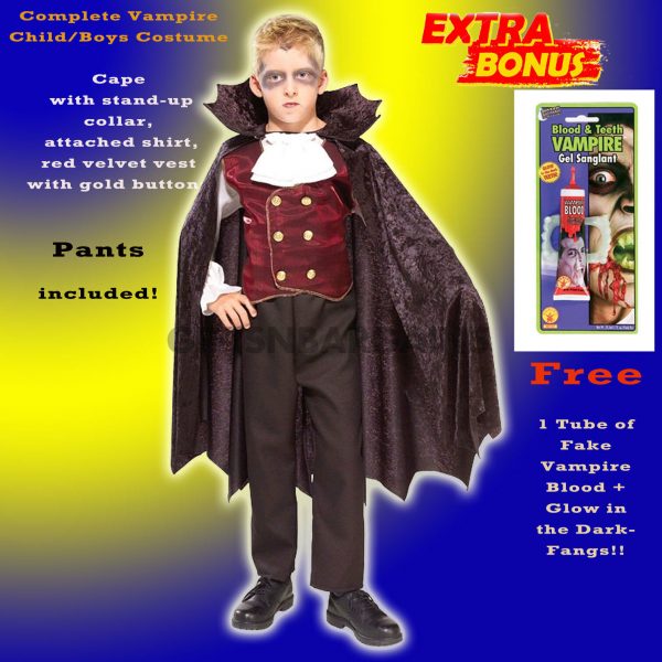 Boys Vampire Dracula Halloween Party Kids Child Costume S:Med FREE: Blood Tube