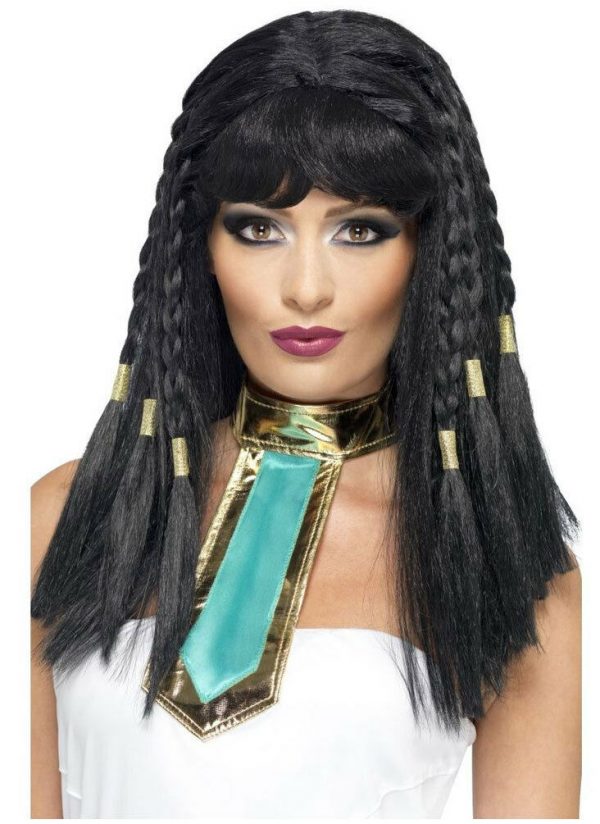 Egyptian Queen Cleopatra Womens Costume Wig Gold Braids Long Black Hair Goddess - Image 3