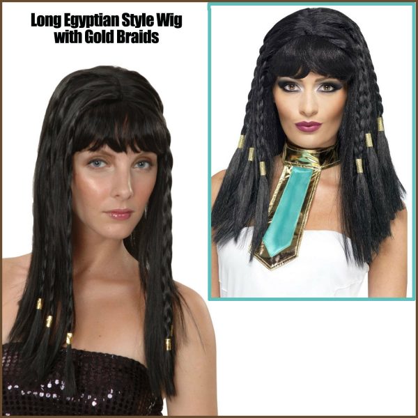 Egyptian Queen Cleopatra Womens Costume Wig Gold Braids Long Black Hair Goddess