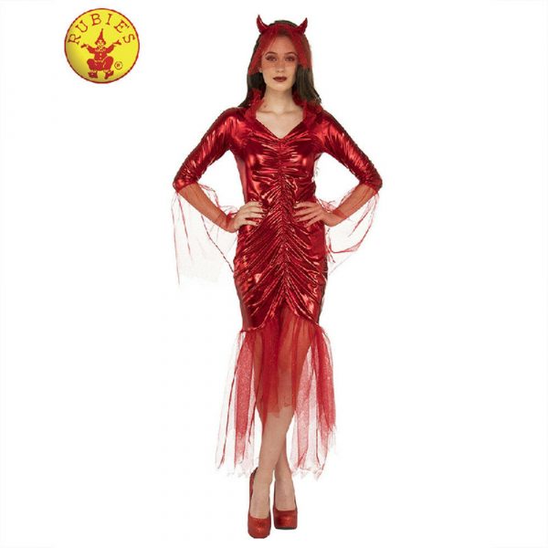 RED DEVIL BRIDE ADULT WOMEN LADIES SATAN HALLOWEEN COSTUME LONG DRESS HORN WITCH - Image 3