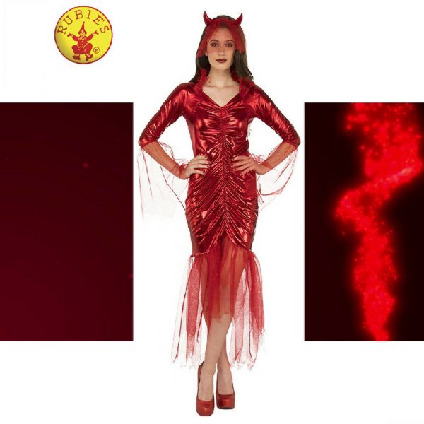 RED DEVIL BRIDE ADULT WOMEN LADIES SATAN HALLOWEEN COSTUME LONG DRESS HORN WITCH