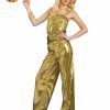 Gold Disco Diva 70s Jump Suit Metallic Dance Costume Fancy Dress Flared Pants