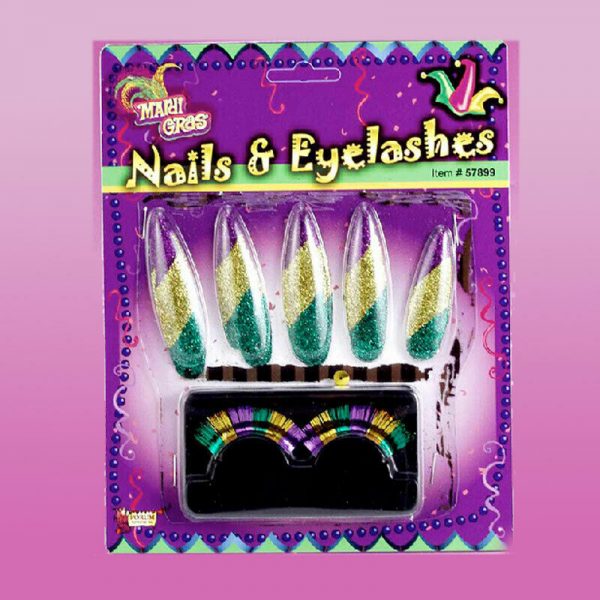 MARDI GRAS FESTIVE COLOURS NAILS & LASHES SET PURPLE GREEN & GOLD