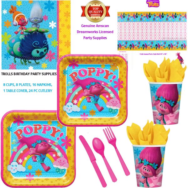 Trolls Birthday Party Pack 8 Guests Plates Cups Napkins Cutlery Table Cover