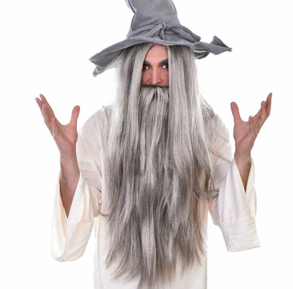 Wizard Long Grey Wig Beard Set Merlin Gandalf Witch Costume Accessory