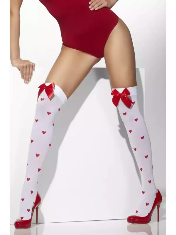 White Opaque Hold Ups with Heart Print for Women, Smiffy's