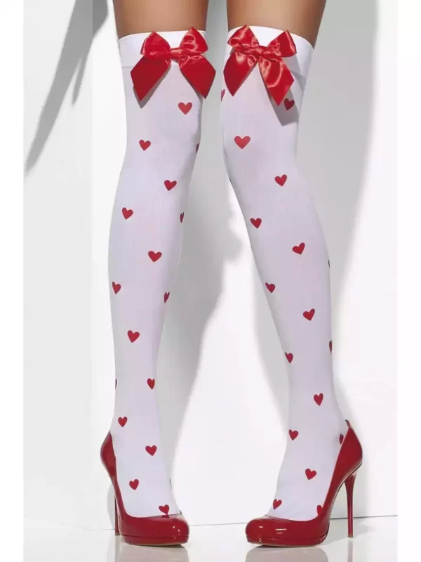 White Opaque Hold Ups with Heart Print for Women, Smiffy's - Image 2